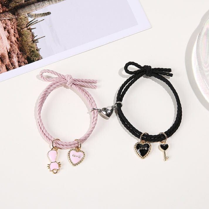 Love Charms Pink & Black Magnetic Heart Bracelet Set