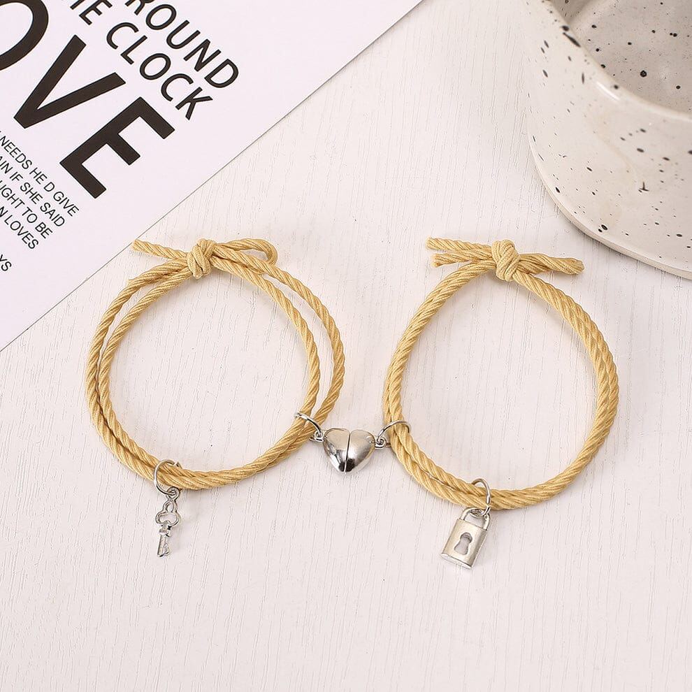 Yellow Lock & Key Magnetic Heart Bracelet Set