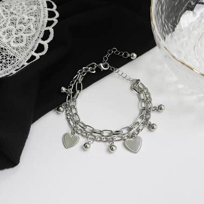 Double Layer Heart Charms Silver Bracelet