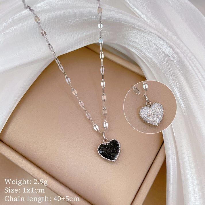 Black & White Diamond Heart Double Side Silver Necklace