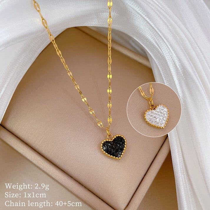 Black & White Diamond Heart Double Side Gold Necklace