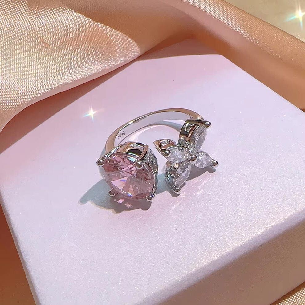 Pink Flower Diamond Silver Ring